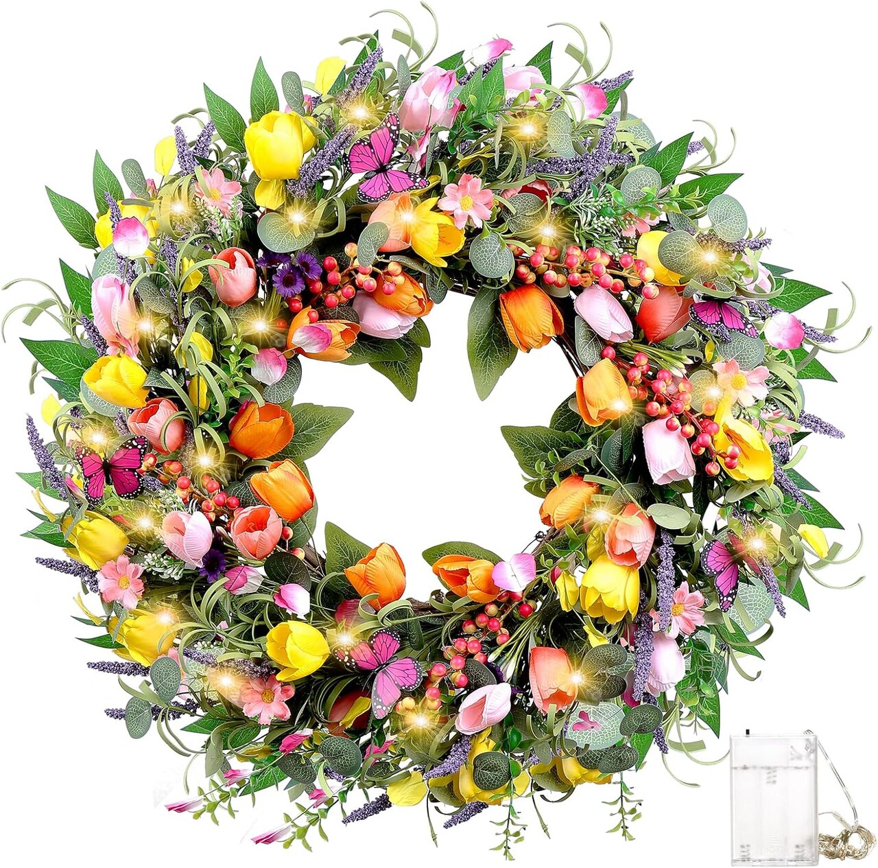 24-Inch Spring Tulip Wreath with LED Lights & Butterflies – Artificial Floral Front Door Wreath for Spring, Summer, Easter, Indoor & Covered Outdoor Décor